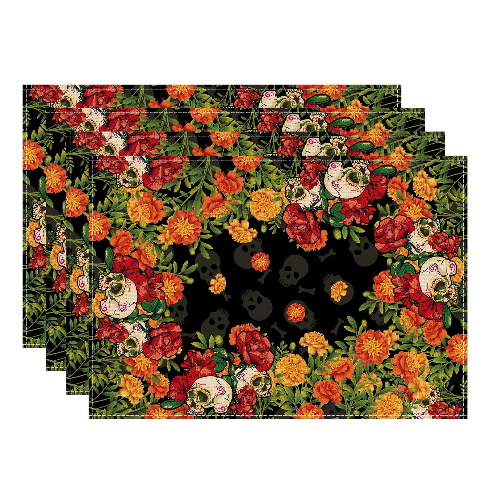 

Sugar Skull Marigolds Floral Dia De Los Muertos Day of The Dead Mexican Placemats Set of 4 Table Mats for Kitchen Dining Table Decorations 12x18 Inch Placemats Set of 4 （12x18 Inch）