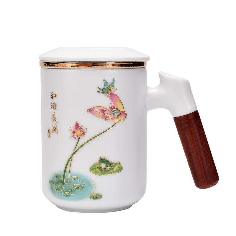 White Porcelain Tea Cup With Lid Office Tea Separation Teacup With Filter Cup Lettering Customized Gift Box