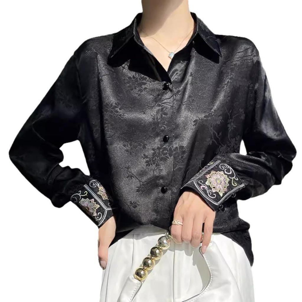 Women's Retro Chinese Tang Suit Style Satin Jacquard Shirt, Long Sleeve, 2026 Design