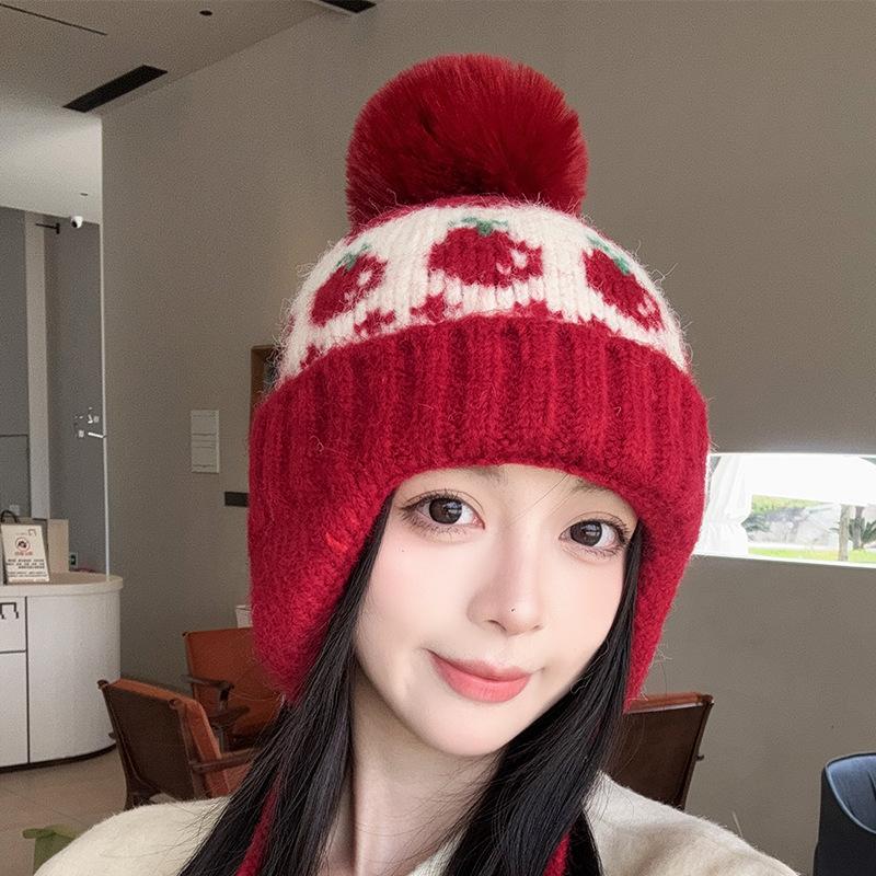 Autumn and Winter New Fair Isle Style Hat for Women Wool Ball Ear Protection Woolen Hat  Small Face  Warm Knitted Cold Hat  Trendy
