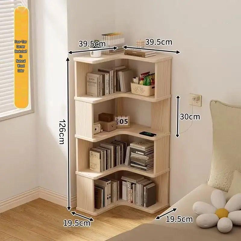 Solid Wood Corner Bookshelf - Floor-Standing Right Angle Storage Rack