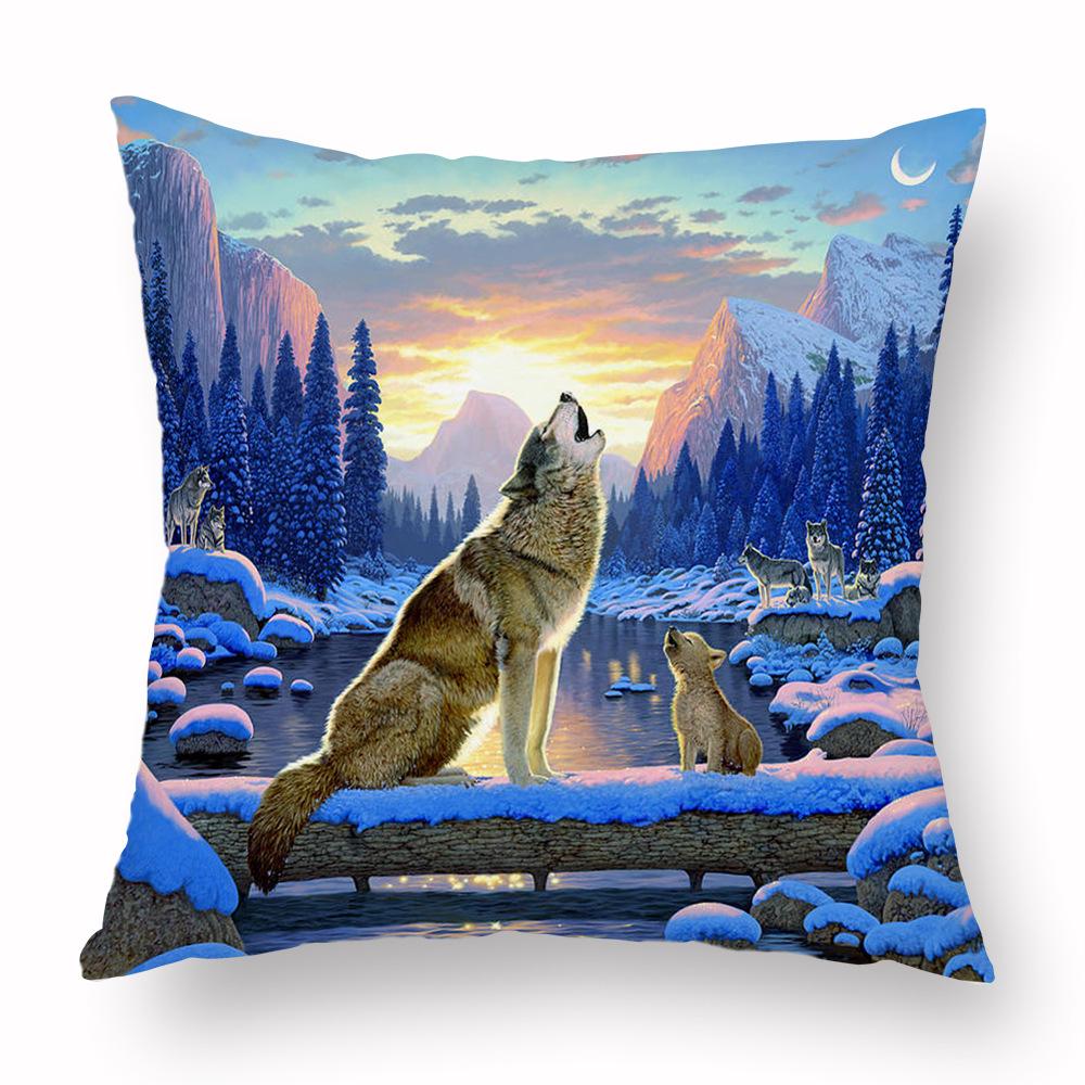 Animal Single Side Blue Cheap Covers for Cushions Vintage Wolf Polyester Decorative Pillows Sofa Case Chair Home Decor Fashion