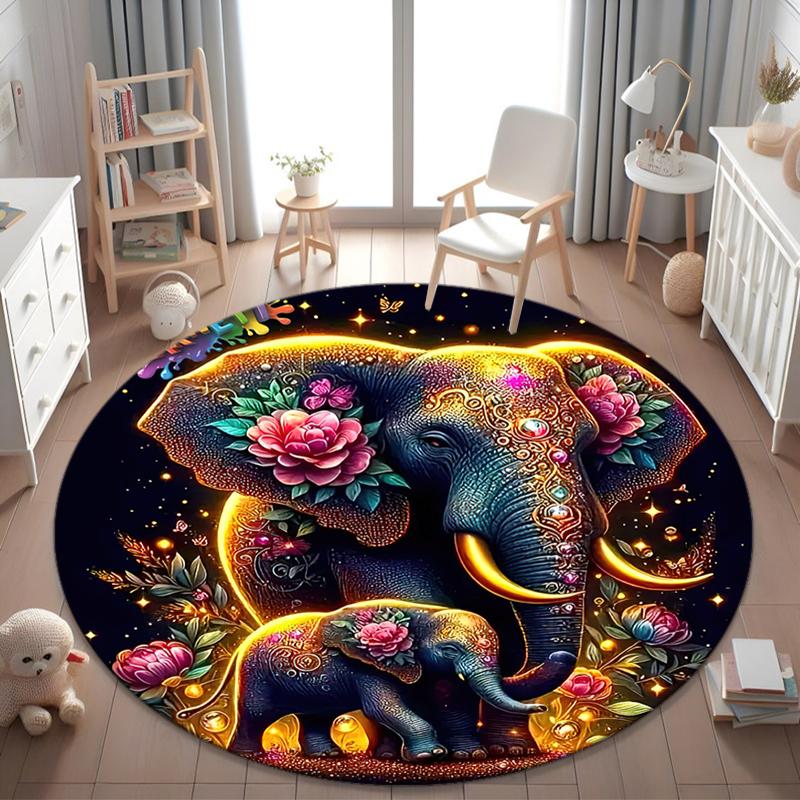 1Pc Elephant Circular Print Rug - Home Decoration Carpet For Living Room Bedroom Flooring Computer Chair Area Rug