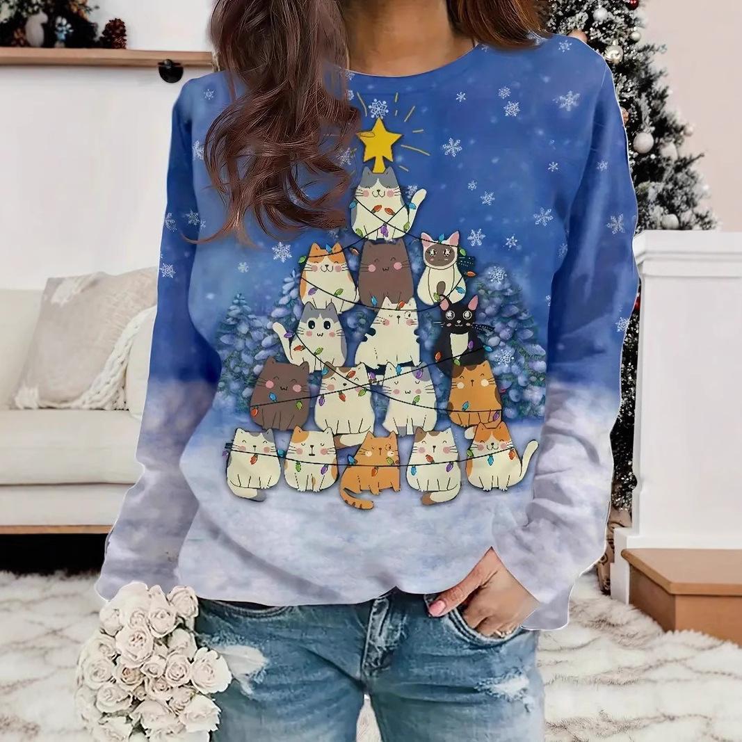 

Spring and Autumn Round Neck Cat Pattern 3D Printed Top Fashionable Casual Long Sleeved Women s T-shirts S