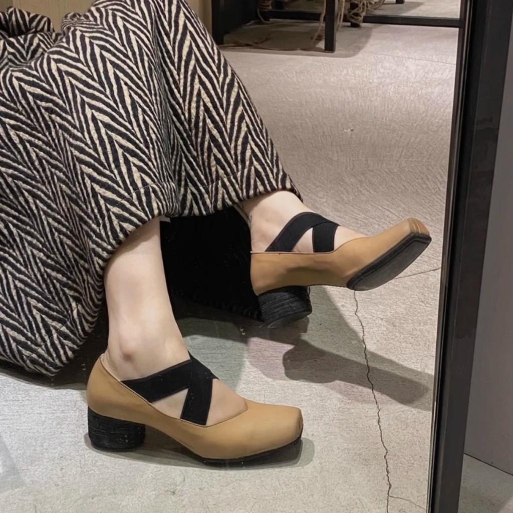 Fashion Brief Pumps Genuine Leather Heels Shoes Women Sandals Ladies Mary Jane Square Toe Sweet Retro African Block African Party Beige