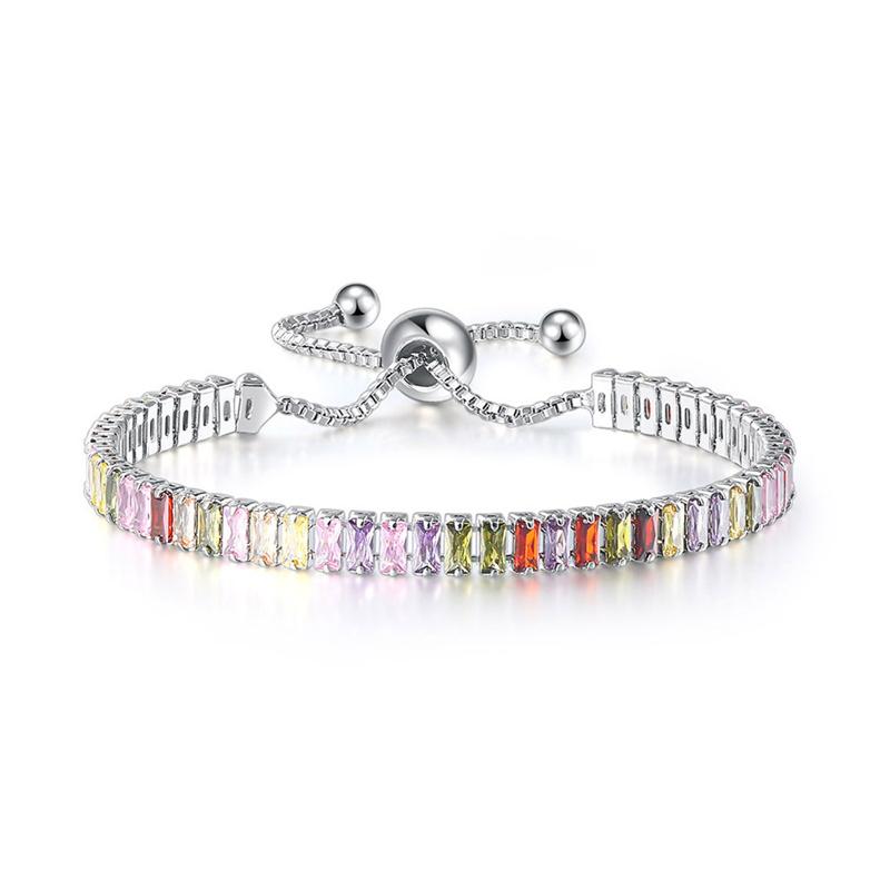 2x4mm Rectangle Stone Rainbow Crystal Multicolor Zircon Bracelets for Women Rose Gold Silver Color Chain Bracelet Bridal Jewelry