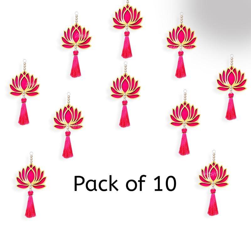Lotus Hangings, Pack of 10 | Pink | Decoration Home Decor Wall Door Mandir Pooja Room, Pink Lotus Tassel Wall Hanging, Wedding Backdrop Decorative