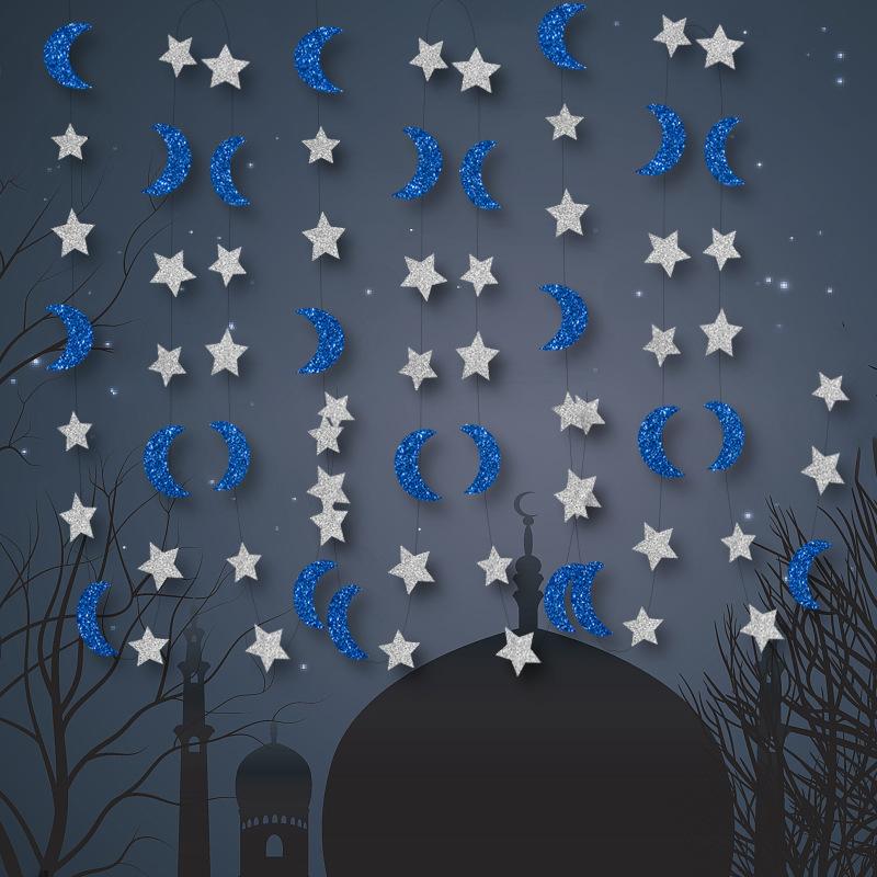 Star Moon Paper Banner Garland  Eid Mubarak Hanging Ornaments Islamic Muslim Party Home Decoration 2024 Ramadan Kareem Supplies