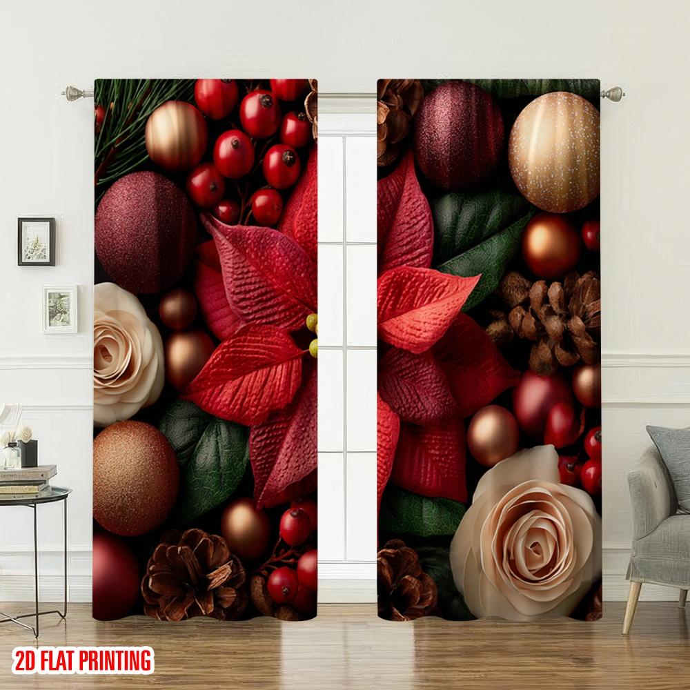 Set Of 2 Flat Printing Merry Christmas Curtains Poinsettia Berries Ornaments Digital Printed Polyester Drapes Spring Curtain Made