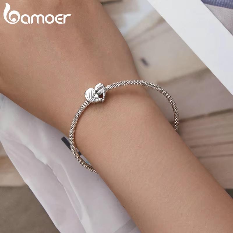 BAMOER 925 Silver Mother & Daughter Bead Affinity Heart Charm for Women Bracelet Bangle DIY Mother's Day Gift BSC687