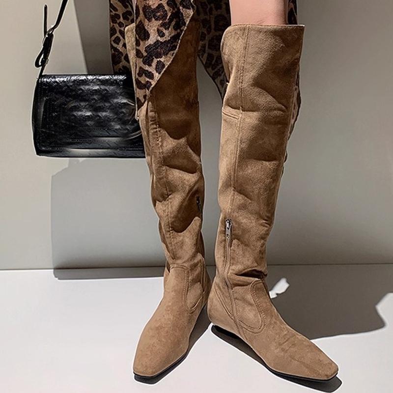 Fashion Flats Women High Boots Suede Cozy Designer Shoes Fashion Dress Knee High Woman Boots 2025 Winter Brand Goth Mujer Chelsea Botas