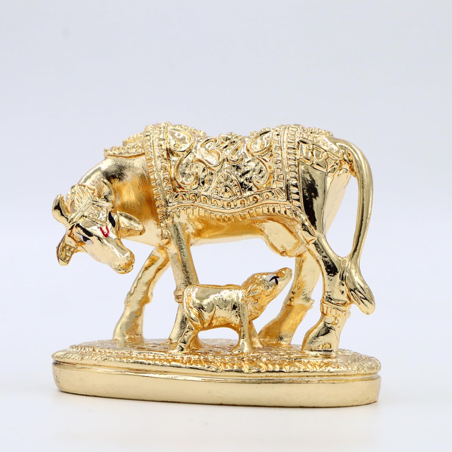 Krishna Kamdhenu Cow With Calf & Krishna Brass Like Metal Showpiece, Gold Idol