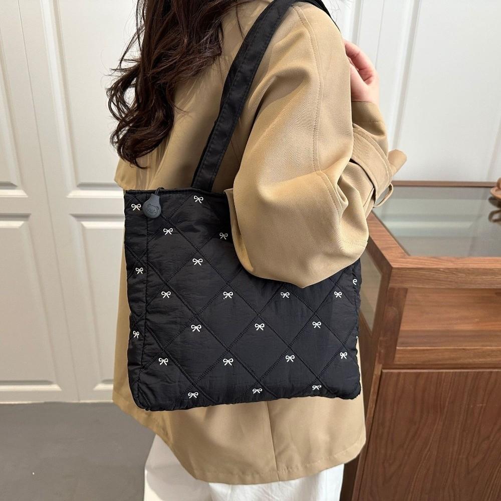 Casual Large Capacity Quilted Tote Bag Solid Color Argyle Pattern Shoulder Bag Bow Embroidery Lightweight Handbag