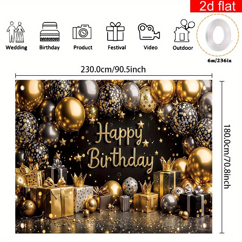 2D Flat Banner 1 Piece Happy Birthday Party Banner Black Gold Silver Crown Balloon Gift Box Pattern