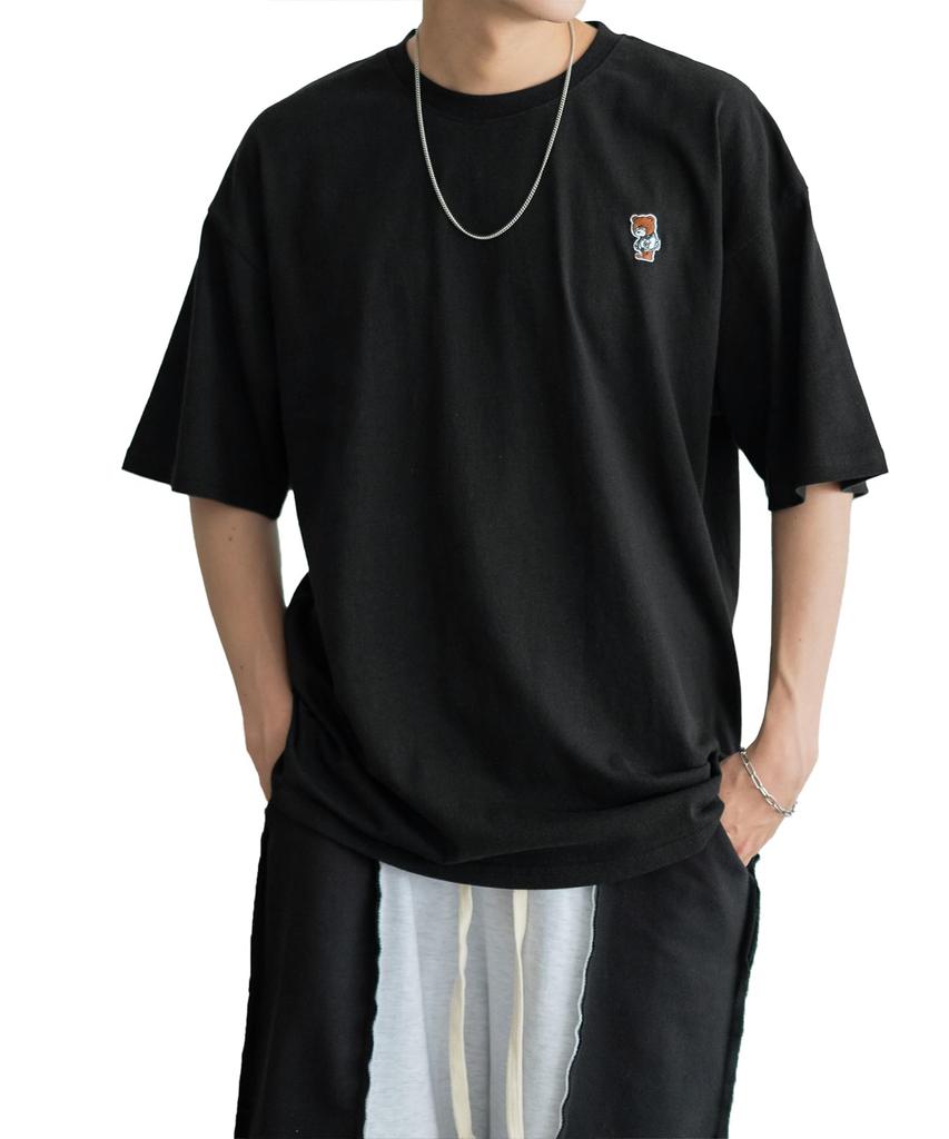 IMPROMES Casual SIDEWAYSTANCE Embroidered Skateboard Downer Bear Short Sleeve T-Shirt, Men's, Black