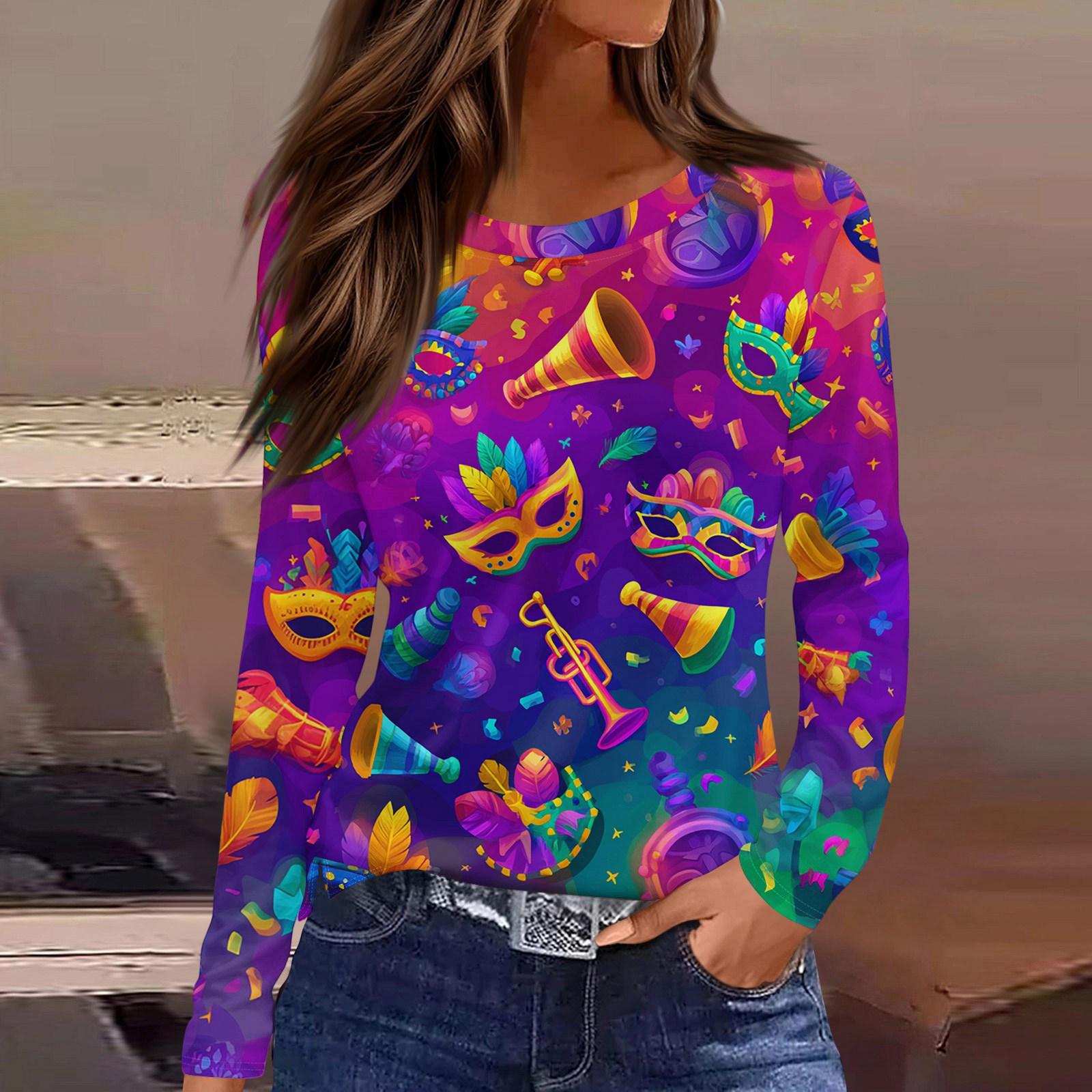

Женский модный топ с круглым вырезом, длинными рукавами и разрезом по низу, с карнавальным принтом XL фиолетовый