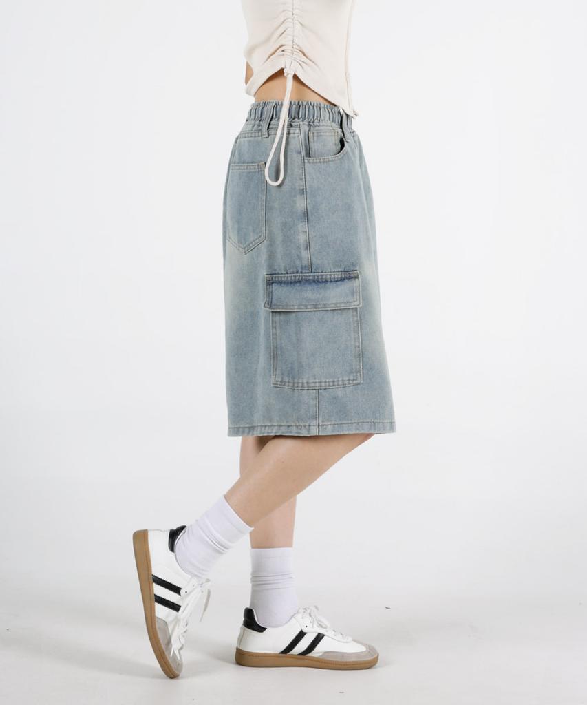 UMM Women'S Elastic Waist Bermuda Cargo Cool Denim Shorts 2 Colors