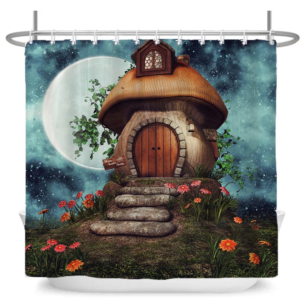 Enchanted Forest Shower Curtain Cartoon Magic Tale Mushroom Wonderland Gothic Shower Curtain Waterproof Bath Decor With Hooks