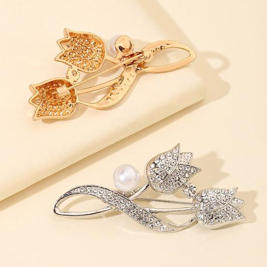 Women Alloy Brooch Pin, Tulip Shape Lapel Badge with Imitation Pearl Rhinestones Inlaid, Brooch Versatile Accessory for Sweaters Collars Hats Bags