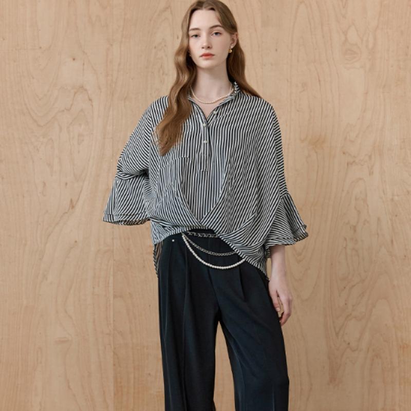 Maxza Stripe Pintuck Ruffle Sleeve Loose Fit Blouse Zd06qb500on