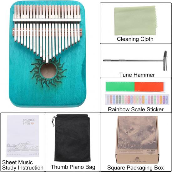 MECCANIXITY 21 Keys Thumb Piano, Blue Mini Portable Finger Piano Maple Wood Sun Pattern with Protective Bag, Tune Hammer, Sheet Music Study