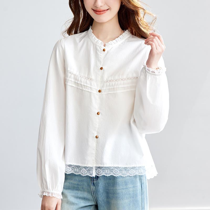 

Кружевная вышитая плиссированная рубашка с длинным рукавом Литературная простая милая и симпатичная с круглым вырезом Универсальная рубашка с длинным рукавом XXL