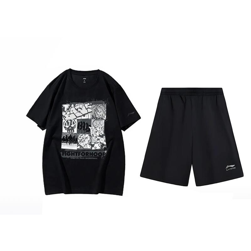 

Li-Ning Американский стиль Свободный топ с круглым вырезом Простой Удобный Универсальный Повседневный Спортивный костюм Унисекс Топы Черный AHSUA27-2+AKSV291-1 S