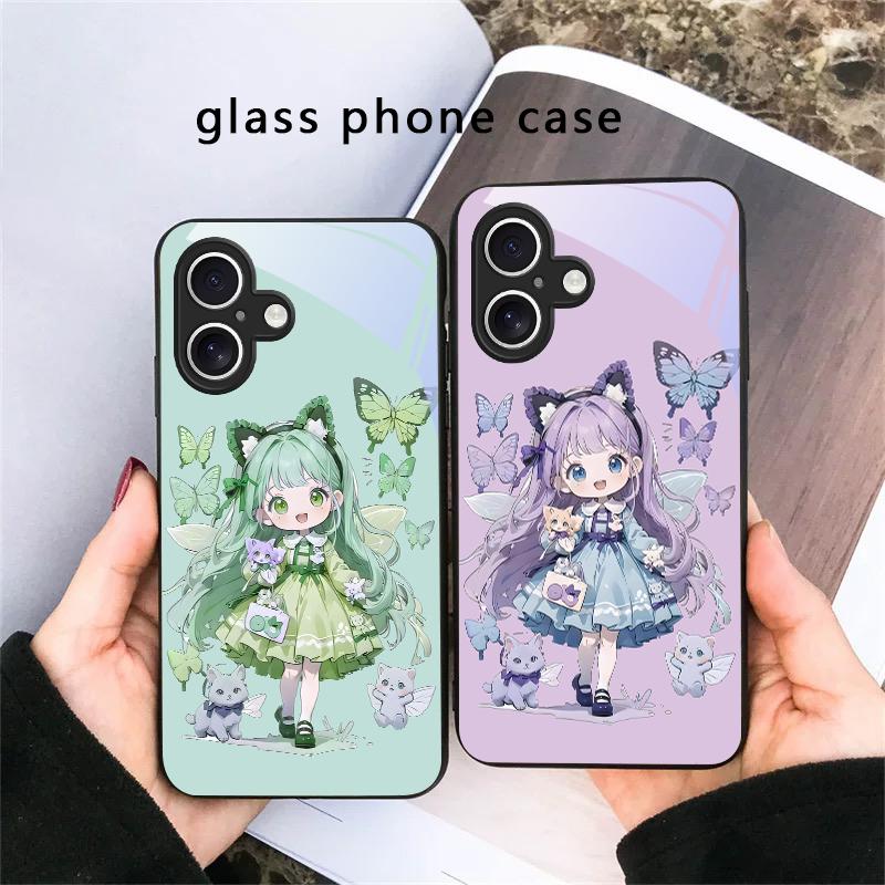 Q-version Blue Butterfly For iPhone 17 Air 16 E 15 Plus 14 Pro Max 13 12 Mini 11 5 6 7 8 Plus XR XSMax SE Black Glass Phone Case