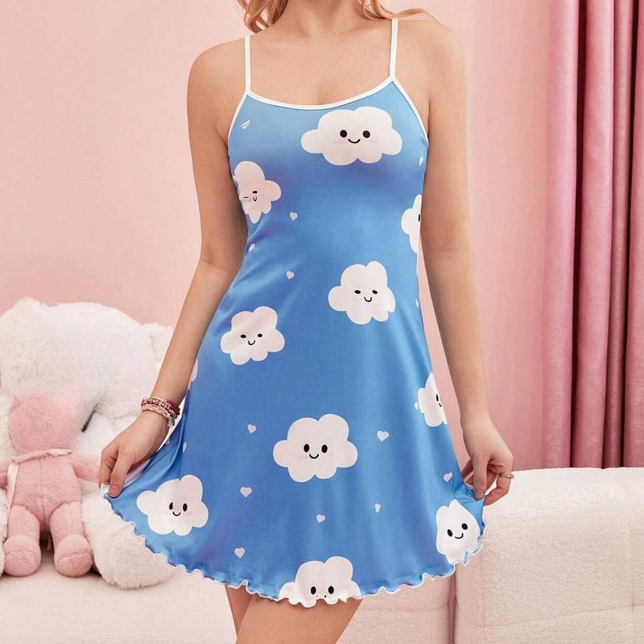 Summer sling nightgown Sexy sleeveless slim funny cartoon print Women Trim Underwear Camisole Nightdress mini sleepwear homewear