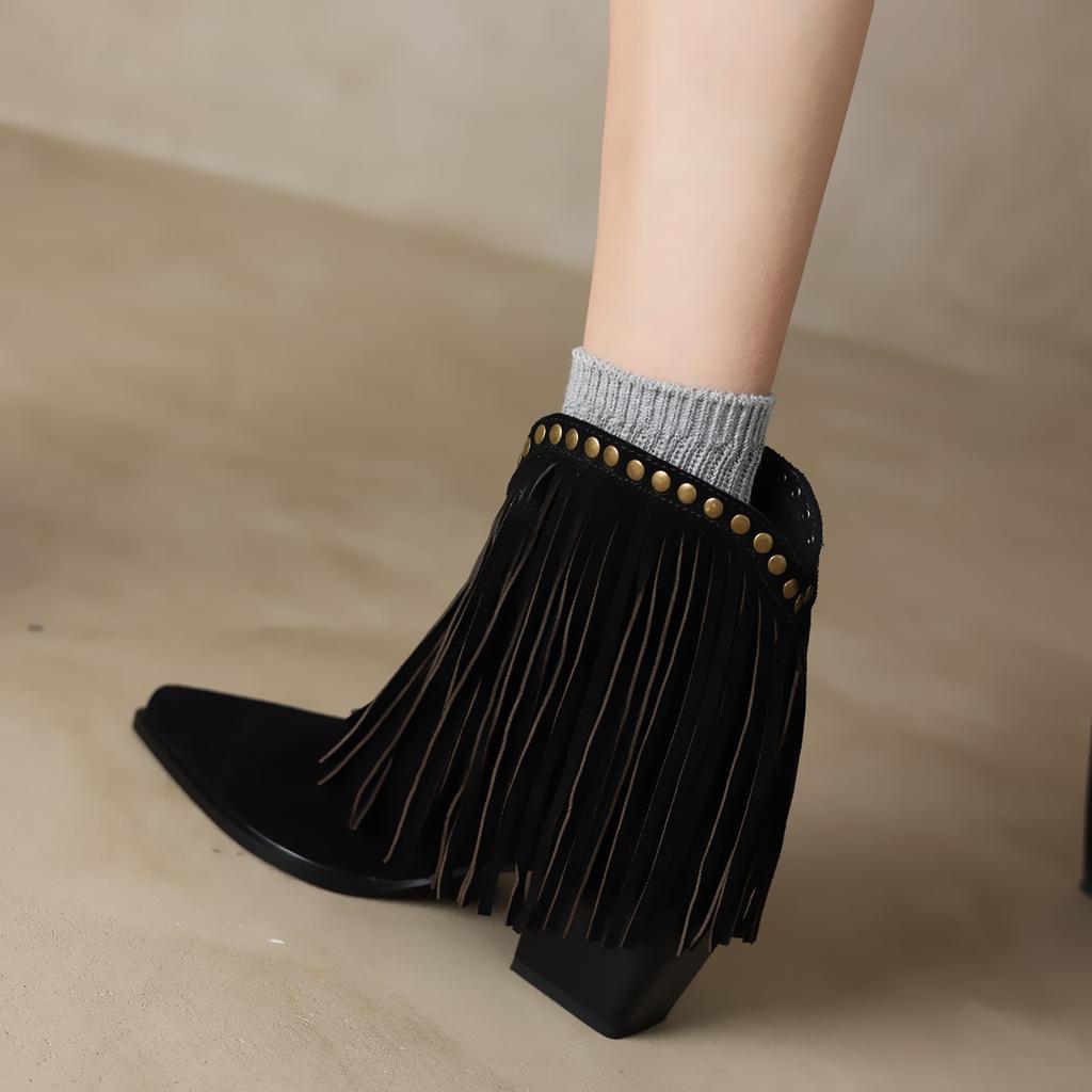 Fashion 2024 New Autumn Winter Cow Suede Women Boots Fashion Tassels Western Boots for Women Pointed Toe Chunky Heel Ladies Shoes