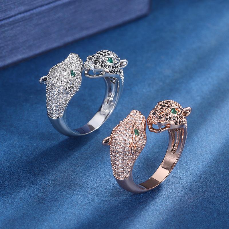 Jewelry Copper Bottom Gold-Plated Retro Full Diamond Luxury Inlaid Leopard Temperament Light Luxury Adjustable Ring