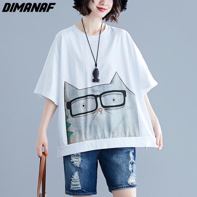 DIMANAF 2023 Plus Size Summer Women T-Shirts Cartoon Cat Print Tops Tunic Tees Shirt Oversize Bat Loose Casual Green