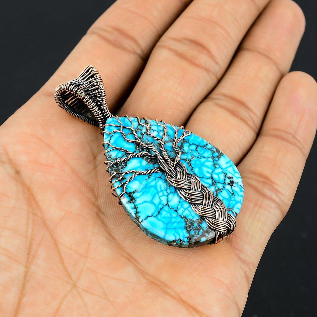 Tibetan Turquoise Pendant, 999 Copper Wire Wrapped Gemstone Jewelry, Handmade Pendant, For Thanksgiving
