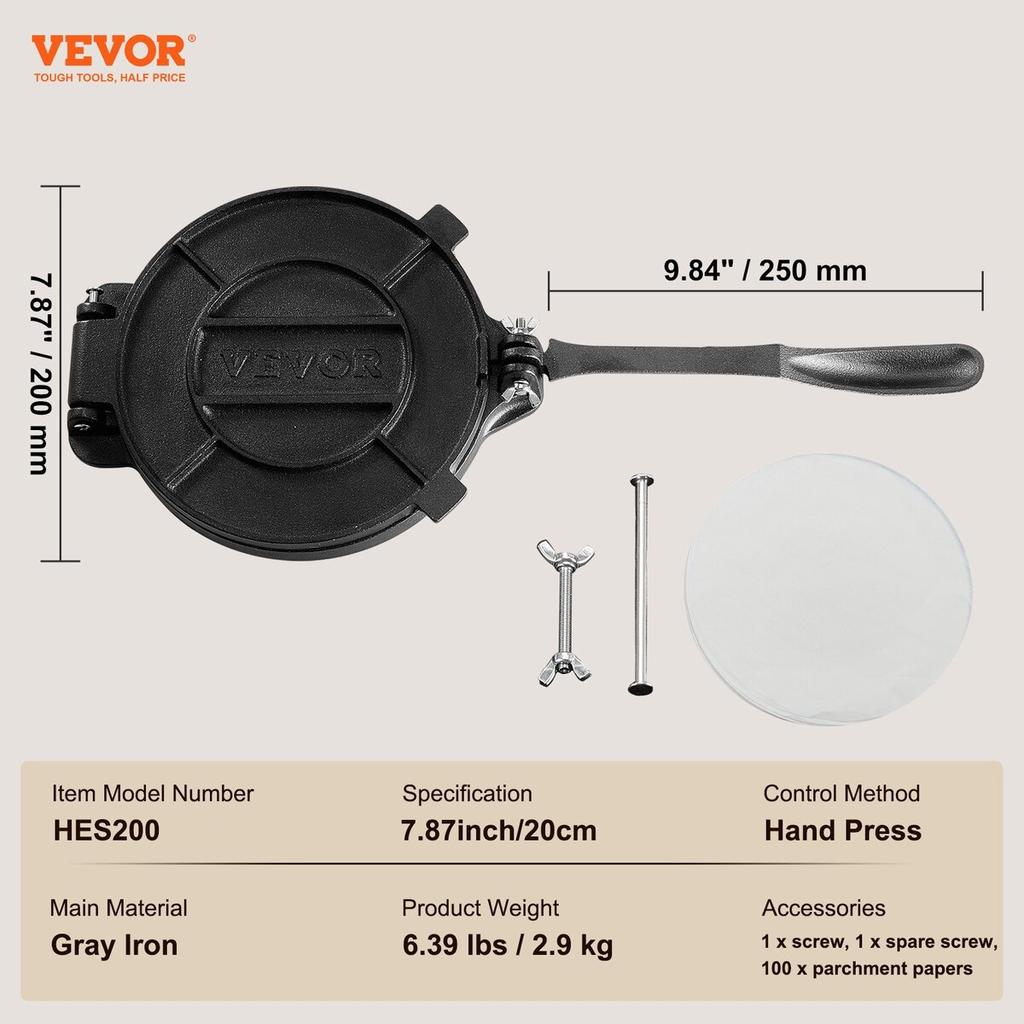 Tortilla Press, 8 Inch Tortilla and Roti Maker, Cast Iron Heavy Duty Tortilladora Press, Pre-Seasoned Pataconera Maker with 100 Pcs Parchment Paper,