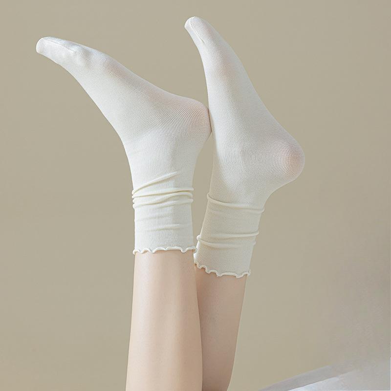 Women's Spring and Summer Socks, Solid Color Black Ear-trimmed Mid-calf Socks, Dad Shoes, Versatile Women's Socks