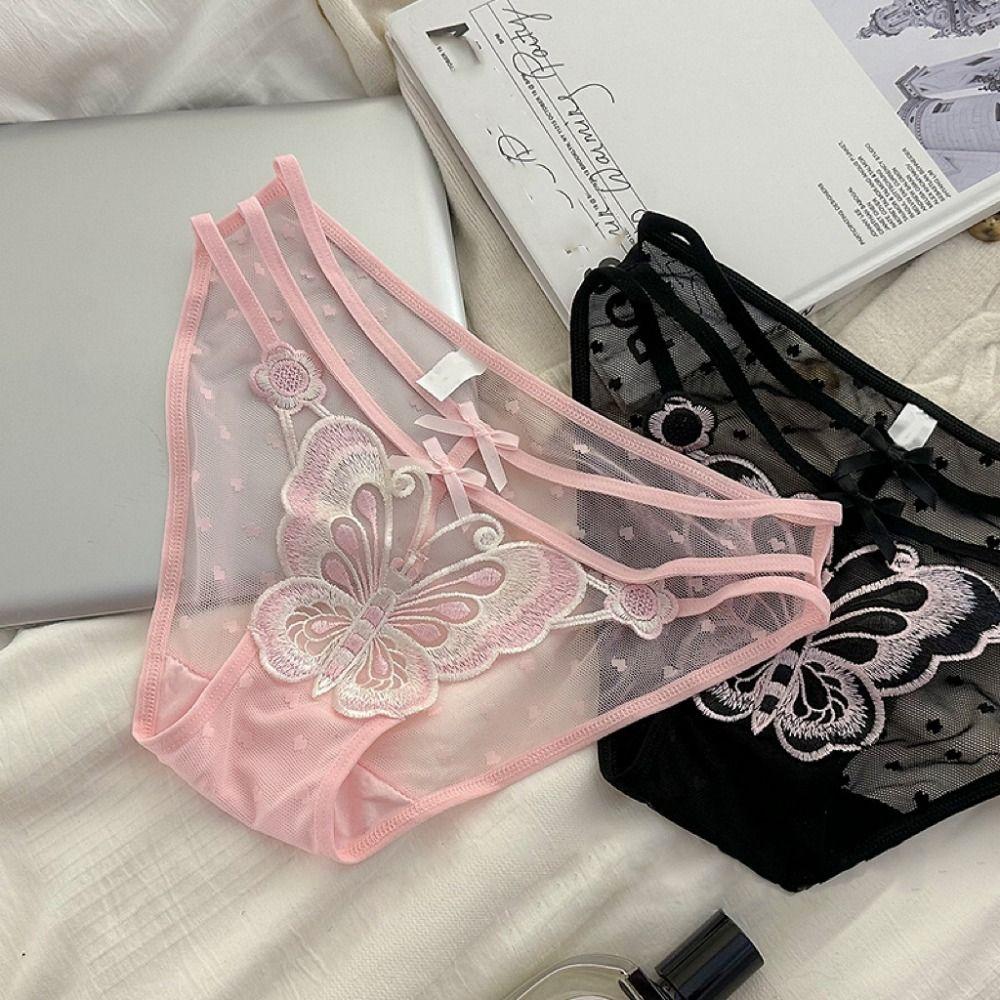 Low-Waist Butterfly Embroidery Bow Underpants Transparent Flower Mesh Slim Panties  Women