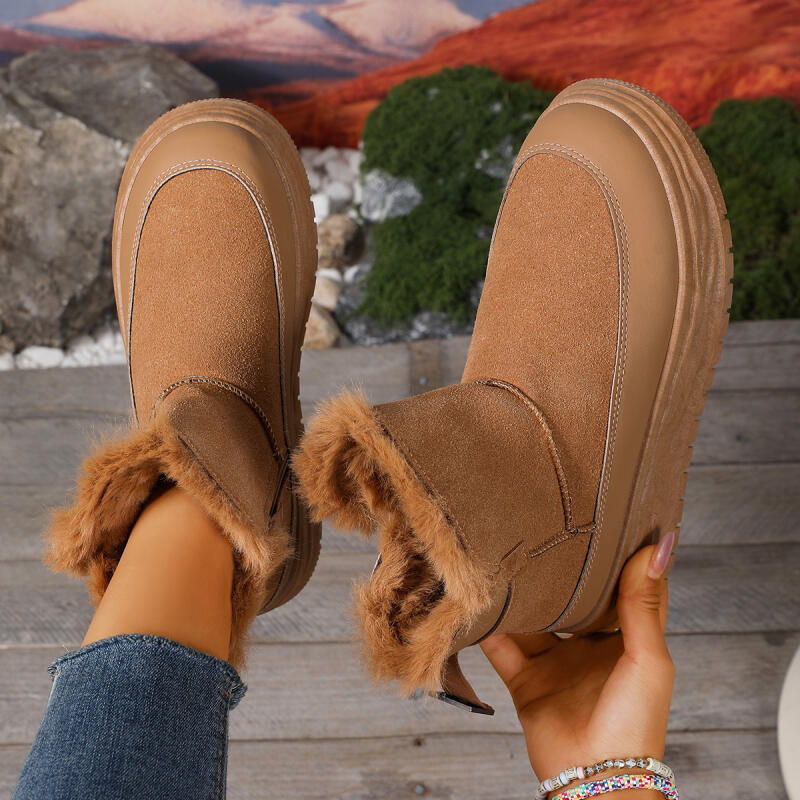 Fashion Chunky Platform Suede Snow Boots Women 2025 Winter Soft Thick Bottom Side Zip Fluffy Fur Ankle Boots Warm Plush Woman's Shoes