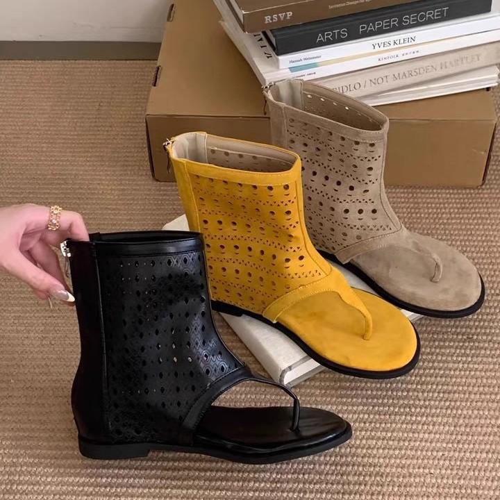 New niche hollow toe short tube Roman women's cool boots pinch sandals women's summer flat