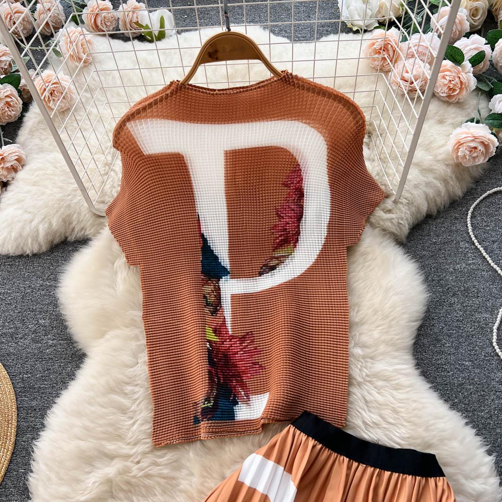 Autumn Europe And The United States Fashionable Lazy Loose Knit Top Plus Printed Pleated Half-Body Skirt Two-Piece Set