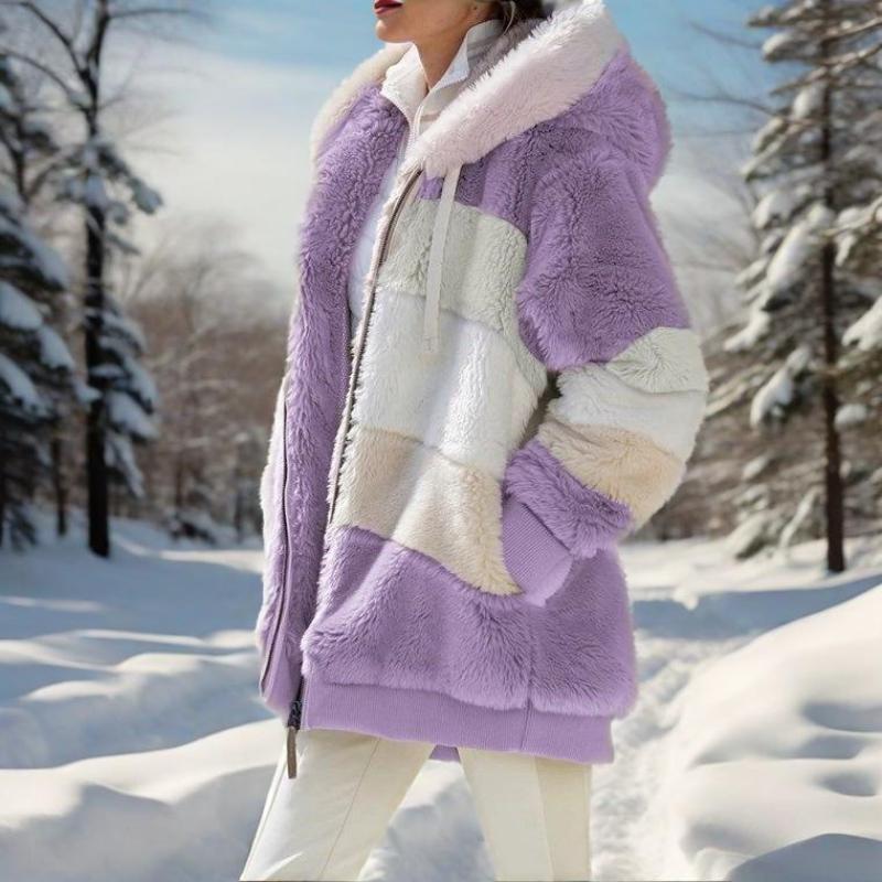 Warm plush patchwork zipper pocket hooded loose jacket