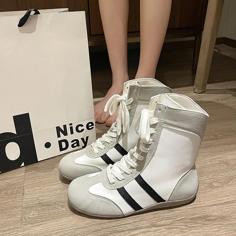 Mode Hoge Top Korte Laarzen Boksschoenen voor Dames 2025 Lente Herfst Ronde Neus Vetersneakers Zapatos De Mujer