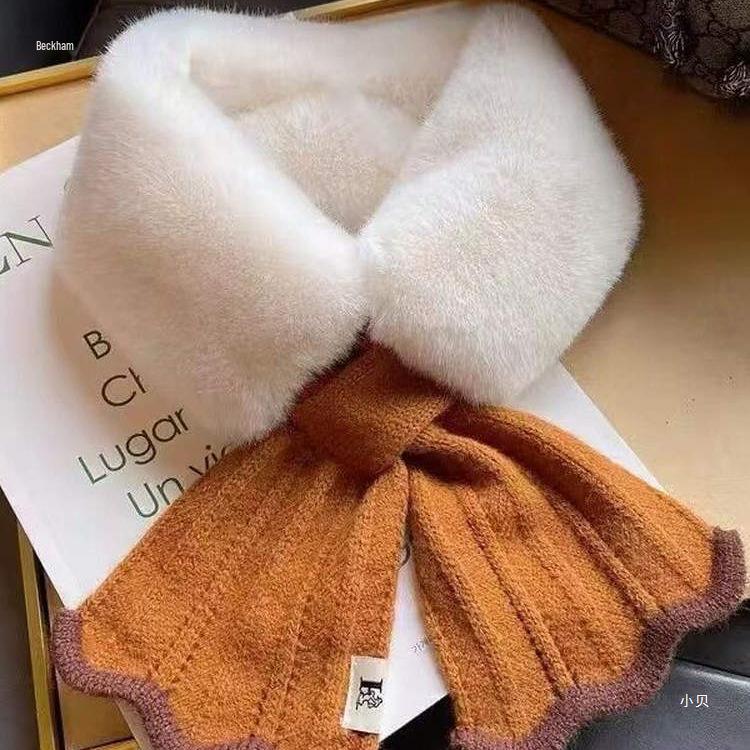 Little Bei 2025 Thickened Autumn & Winter Cross Fur Knit Neck Warmer Scarf