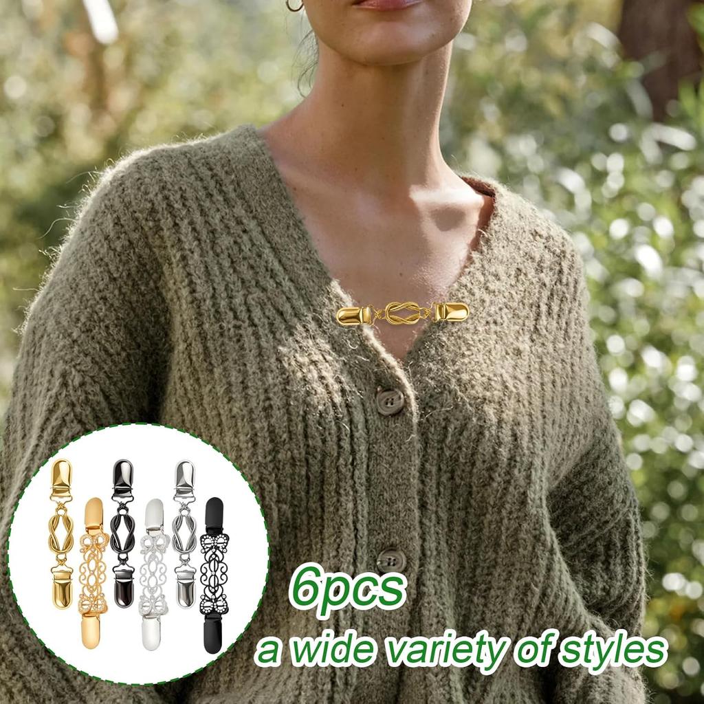 6 Pack Sweater Clips, Clothing Cinch Clips for Women, Vintage Style Dress Clips for Sweaters and Shirts, Fashion Accessories for Formal and Casual