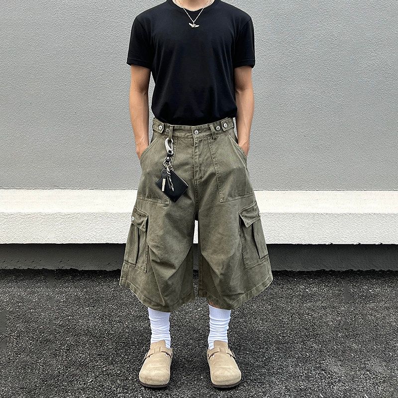 Blaexit American Vintage Black Workwear Capri Pants Multi-Pocket Shorts Casual Loose Wide-Leg Cargo Pants