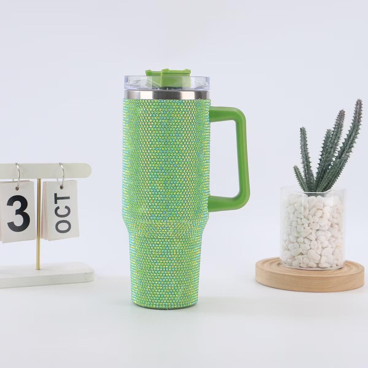 

40Oz Diamond Vacuum Cup Shiny Diamond Insulated Bottle with Handle Stainless Steel Car Cup Keep Hot and Cold 1000-1500ml зелёный