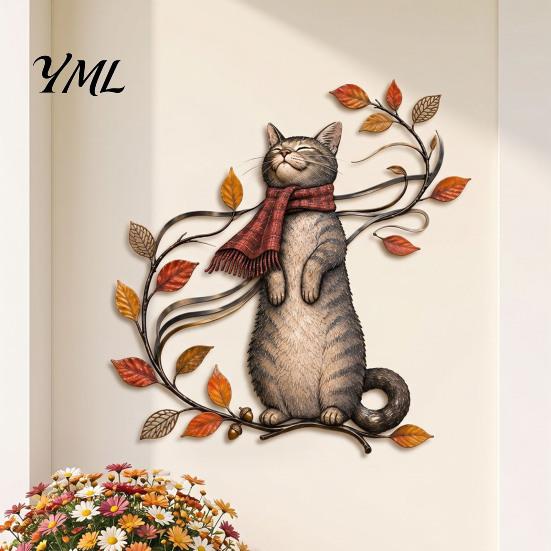 Autumn Theme Door Decorations Cat Metal Wall Decor, Fall Tin Sign Plaque, Swing Decorative Crafts for Home Art Decoration Thanksgiving Harvest