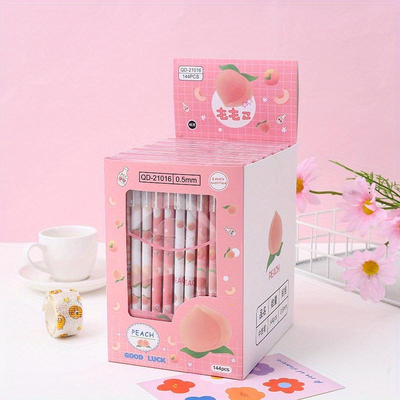 Back To School Season 144Pcs 0.5mm Creative Pink Peach Pattern Black Straight Pole Neutral Pen, Smooth Writing Signature Pen Office Stationery, Exam S
