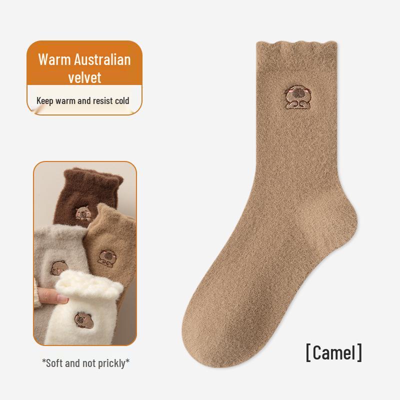 Women's Plush Embroidered Fleece-Lined Mid-Calf Socks - Cute Cartoon Design, Warm and Thick for Autumn and Winter.