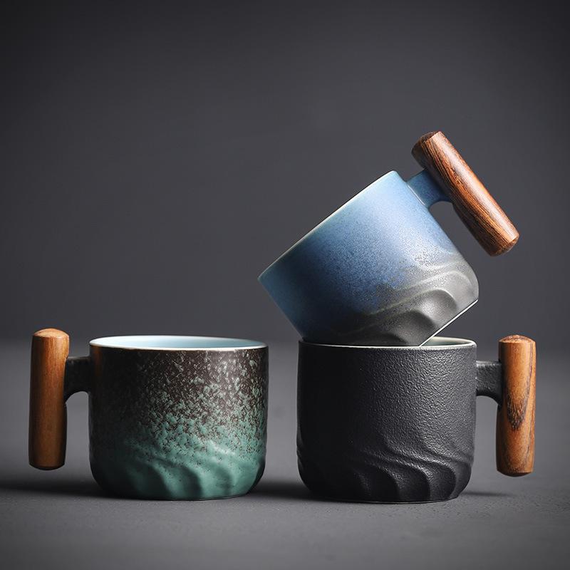 6pcs Set Ceramic Retro Espresso Coffee Cup With Wooden Handle Office Water Cup Tea Mug Ceramic Coffee Mug Handmade Tea Gift Box