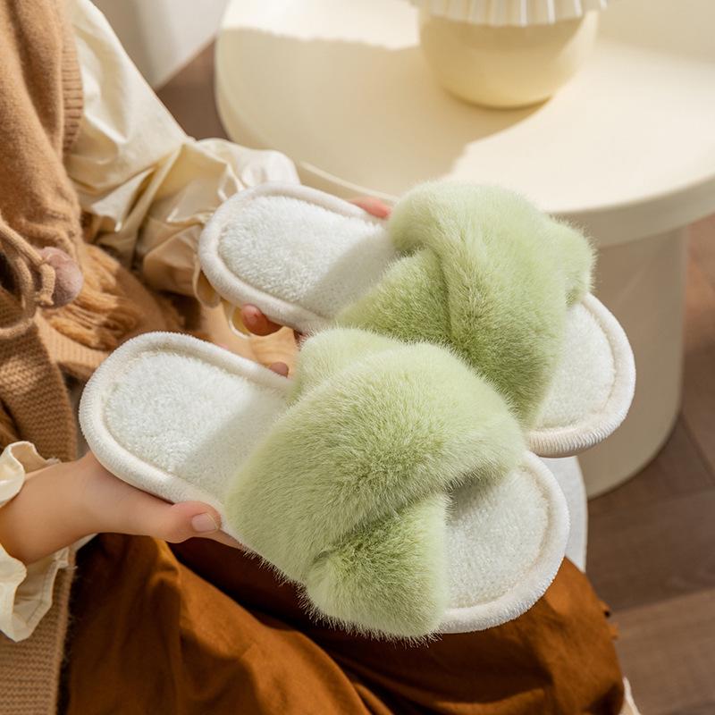 Children's and Women's Winter Fur Cross-Strap Cotton Slippers, Warm, Non-Slip for Home Use